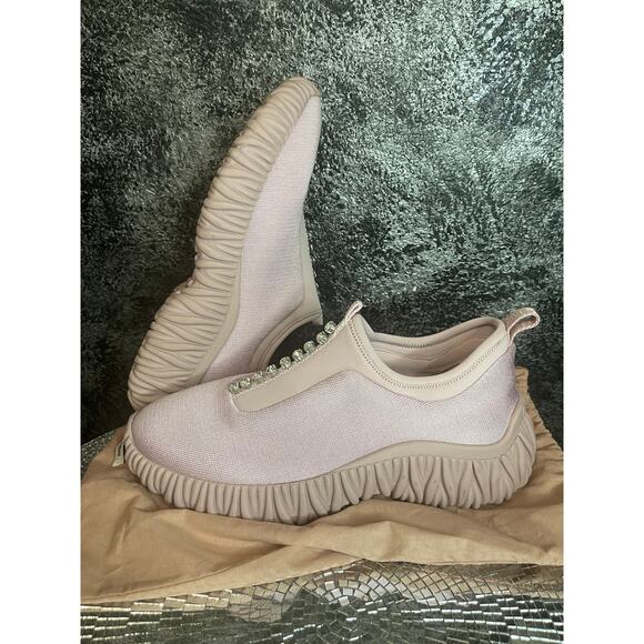 Miu Miu Pink Fabric and Neoprene Crystal Embellished Slip-On Sneakers - Picture 1 of 5